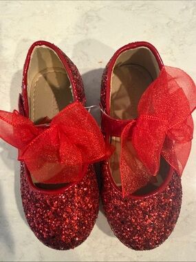 Girls Sparkling Red Bow Dress Shoes - Glitter Mary Janes
